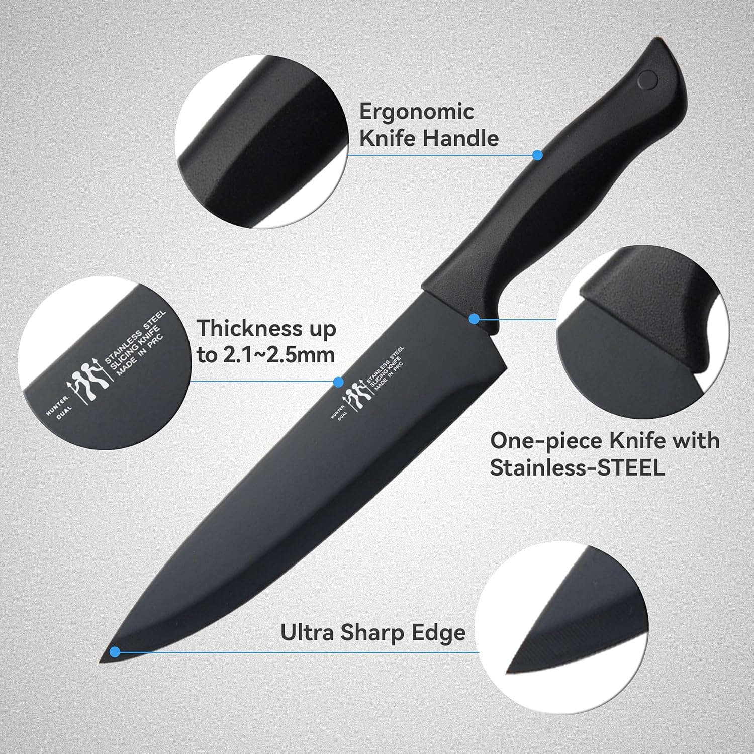 Knife Sets for Kitchen with Block, HUNTER.DUAL 15 Piece Knife Set with Built-in Sharpener, Dishwasher Safe, German Stainless Steel, Black