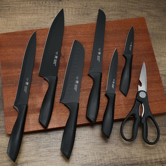Knife Set, 8-Piece Kitchen Knife Set for Chef, Sharp Knife Set with Universal Knife Block, Anti-Rust Kitchen Knife Block Set, Ergonomical Design (Black)