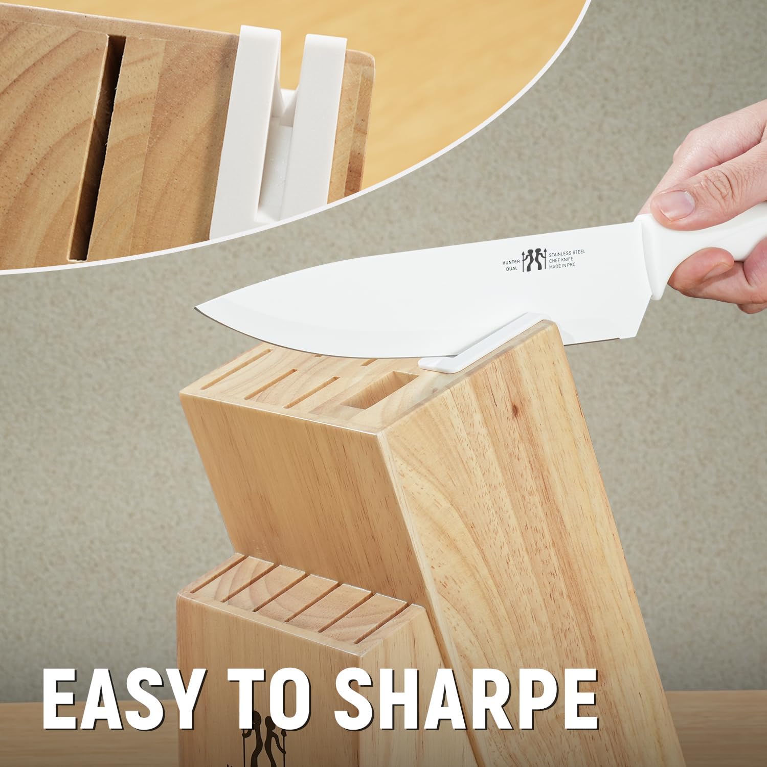 Knife Set, HUNTER.DUAL 15 Pcs Kitchen Knife Set with Block Self Sharpening, Dishwasher Safe, Anti-slip Handle (Beige)