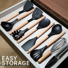 Silicone Cooking Utensils Set 10 Pcs - BPA Free Kitchen Utensil Set with Heat-Resistant Wood Handles, Non-Scratch Spatula Set Safe for Nonstick Cookware (Black)