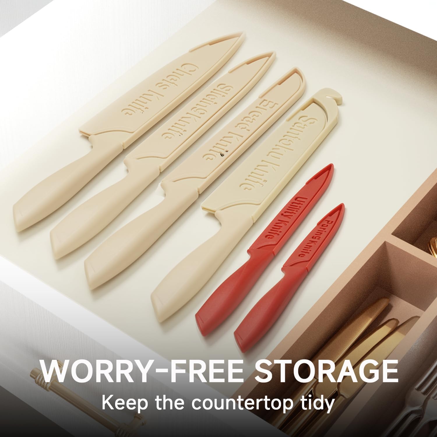 Knife Set, 12-PC Colorful Kitchen Knife Set, 6 Sharp Kitchen Knives with Covers for Cooking, Cutting&Chopping (Beige)