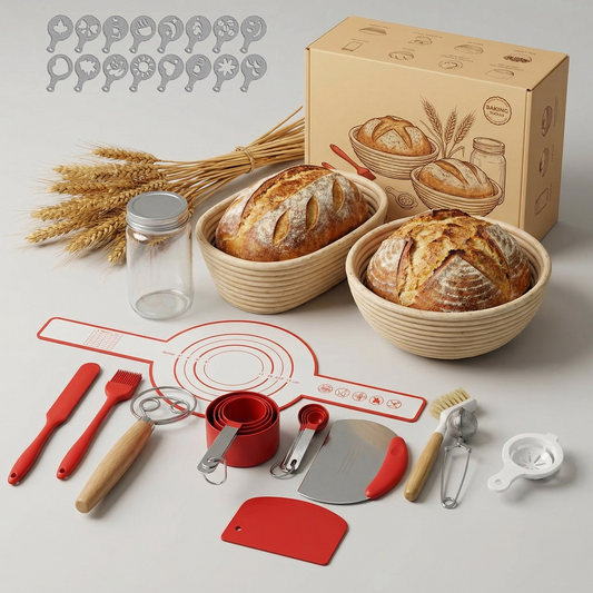 Sourdough Starter Kit with Round & Oval Banneton Proofing Baskets, Bread Baking Supplies Set including Sourdough Jar, Bread Sling, Dough Whisk, and Scrapers