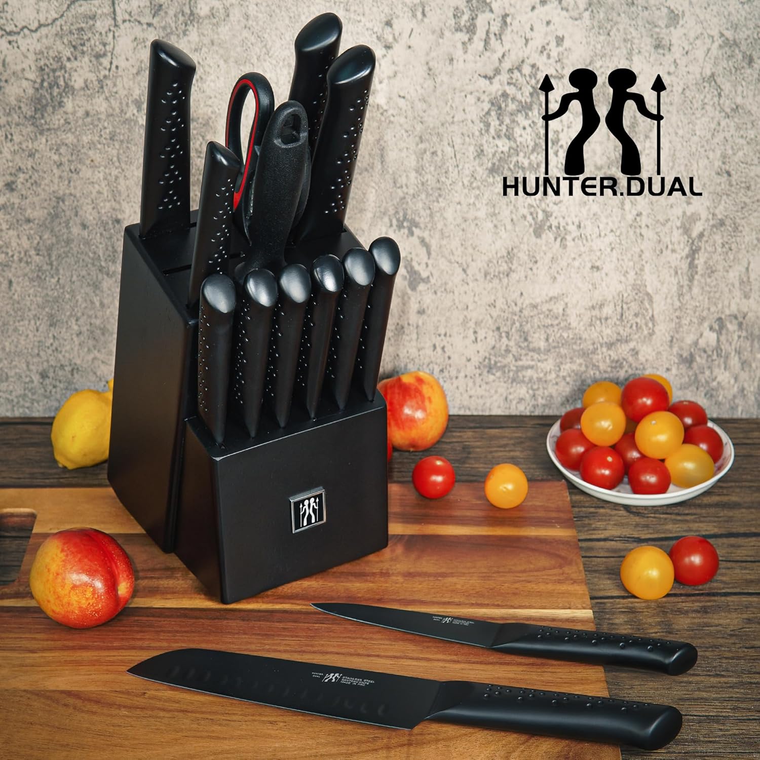 Knife Sets for Kitchen with Block, HUNTER.DUAL 15 Piece Knife Set with Built-in Sharpener, Dishwasher Safe, German Stainless Steel, Black