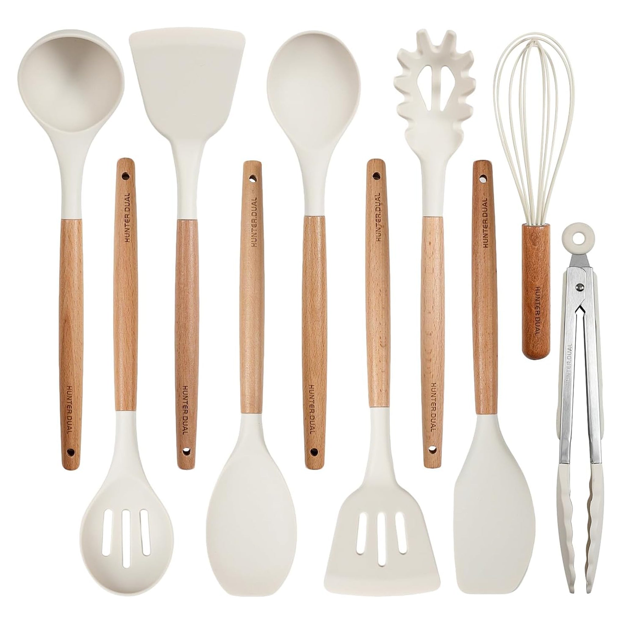 Silicone Cooking Utensils Set 10 Pcs - BPA Free Kitchen Utensil Set with Heat-Resistant Wood Handles, Non-Scratch Spatula Set Safe for Nonstick Cookware (White)