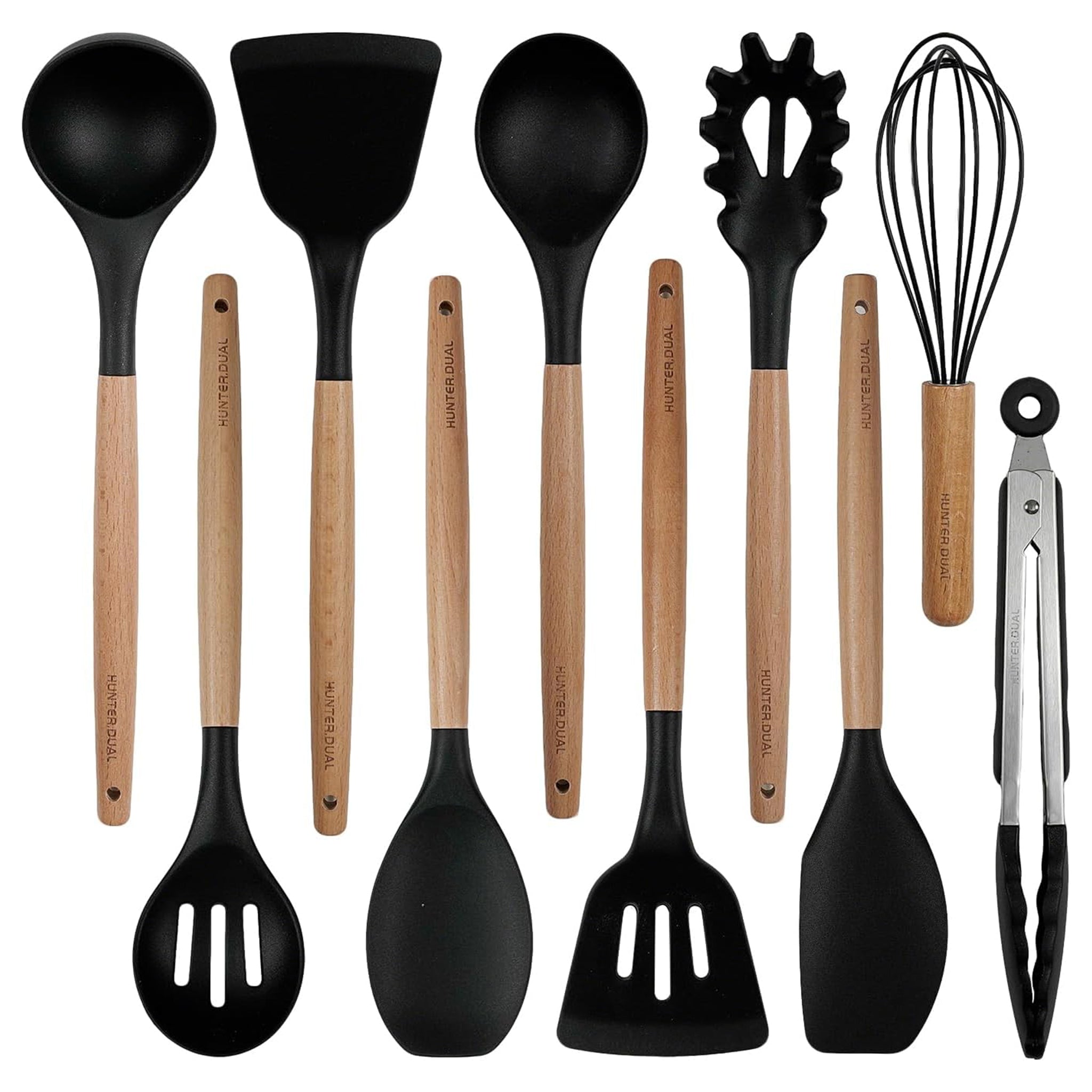 Silicone Cooking Utensils Set 10 Pcs - BPA Free Kitchen Utensil Set with Heat-Resistant Wood Handles, Non-Scratch Spatula Set Safe for Nonstick Cookware (Black)