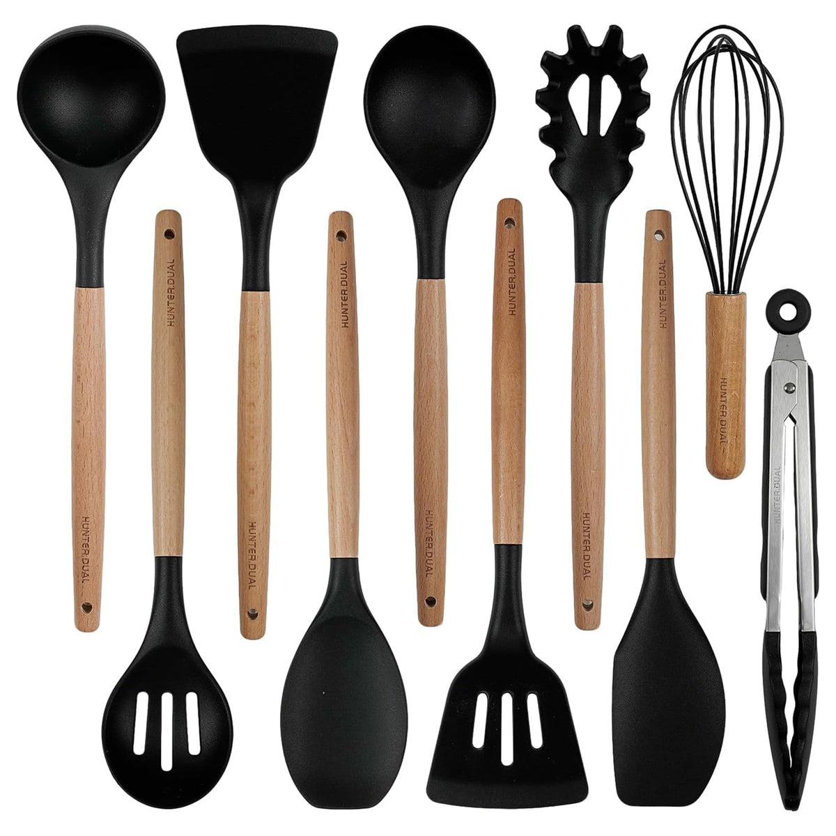 Silicone Cooking Utensils Set 10 Pcs - BPA Free Kitchen Utensil Set with Heat-Resistant Wood Handles, Non-Scratch Spatula Set Safe for Nonstick Cookware (Black)