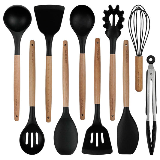 Silicone Cooking Utensils Set 10 Pcs - BPA Free Kitchen Utensil Set with Heat-Resistant Wood Handles, Non-Scratch Spatula Set Safe for Nonstick Cookware (Black)