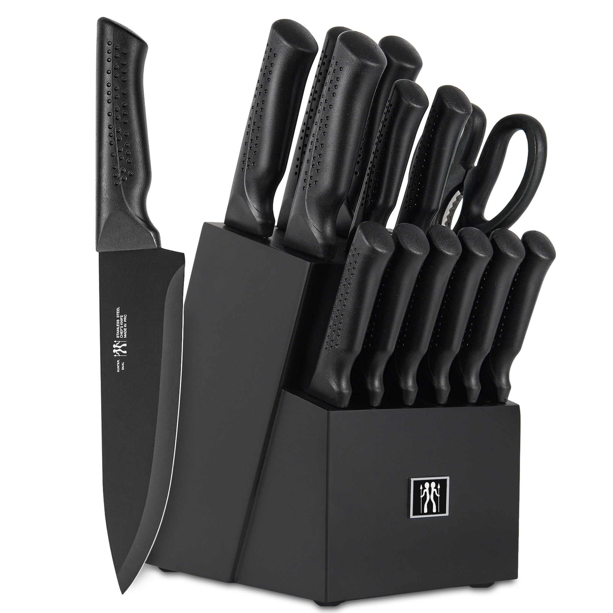 Knife Set, 15 Pcs Kitchen Knife Set with Block Self Sharpening, Dishwasher Safe, 6 Steak Knives, Anti-slip handle, Black