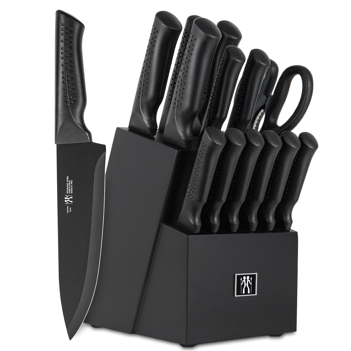 Knife Set, 15 Pcs Kitchen Knife Set with Block Self Sharpening, Dishwasher Safe, 6 Steak Knives, Anti-slip handle, Black