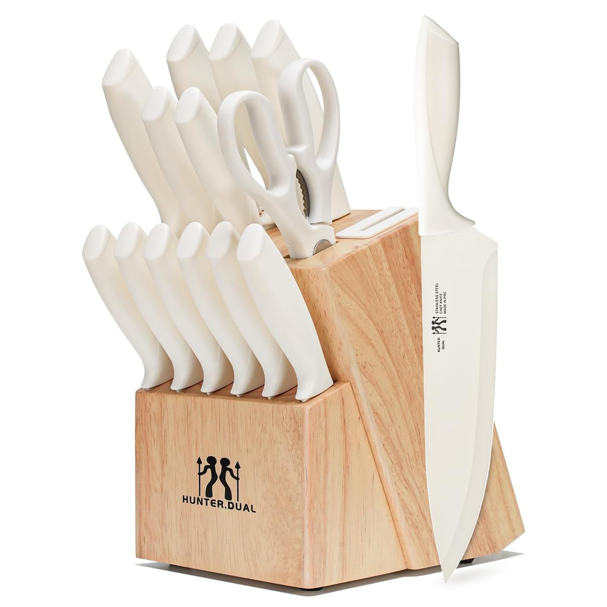 Knife Set, HUNTER.DUAL 15 Pcs Kitchen Knife Set with Block Self Sharpening, Dishwasher Safe, Anti-slip Handle (Beige)