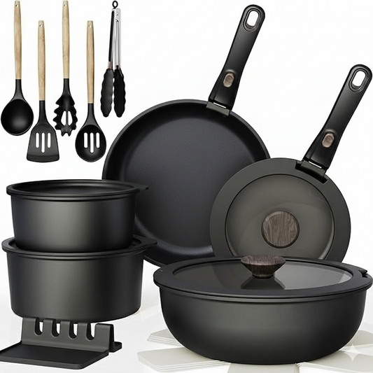 20-Piece Nonstick  Pots and Pans Cookware Set with Detachable Handles, Dishwasher Safe, Stackable Space-Saving Design for Kitchen & RV, Black