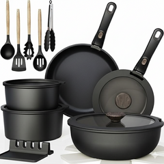 20-Piece Nonstick  Pots and Pans Cookware Set with Detachable Handles, Dishwasher Safe, Stackable Space-Saving Design for Kitchen & RV, Black