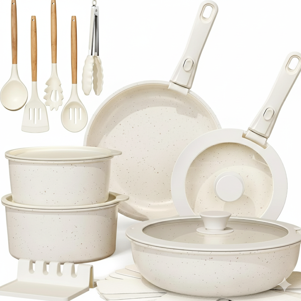 20-Piece Nonstick  Pots and Pans Cookware Set with Detachable Handles, Dishwasher Safe, Stackable Space-Saving Design for Kitchen & RV, White