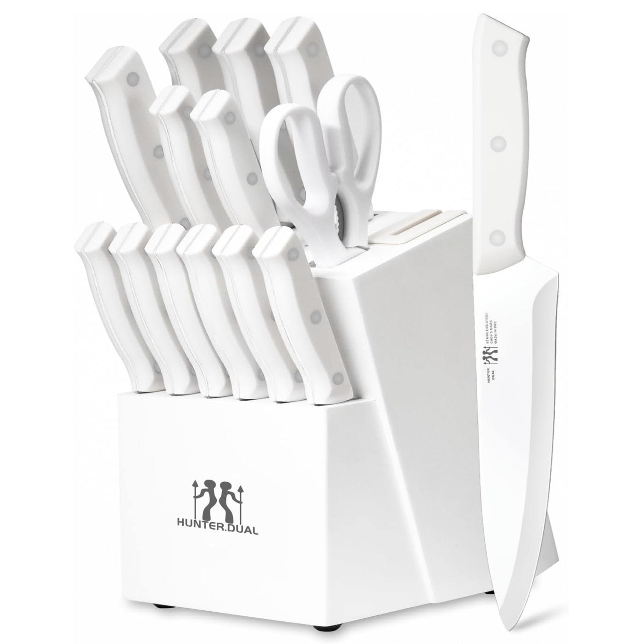 Knife Set, HUNTER.DUAL 15 Piece Kitchen Knife Set with Block and Built-in sharpener, Dishwasher Safe, Anti-slip Handle, White