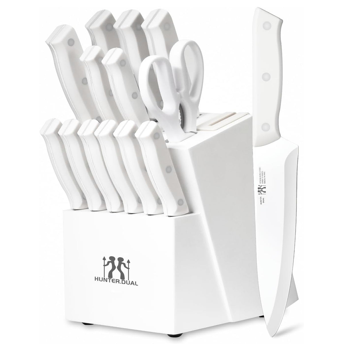 Knife Set, HUNTER.DUAL 15 Piece Kitchen Knife Set with Block and Built-in sharpener, Dishwasher Safe, Anti-slip Handle, White