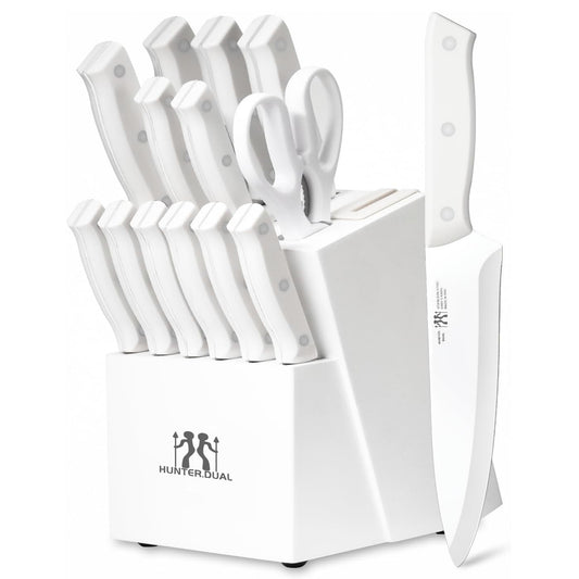 Knife Set, HUNTER.DUAL 15 Piece Kitchen Knife Set with Block and Built-in sharpener, Dishwasher Safe, Anti-slip Handle, White