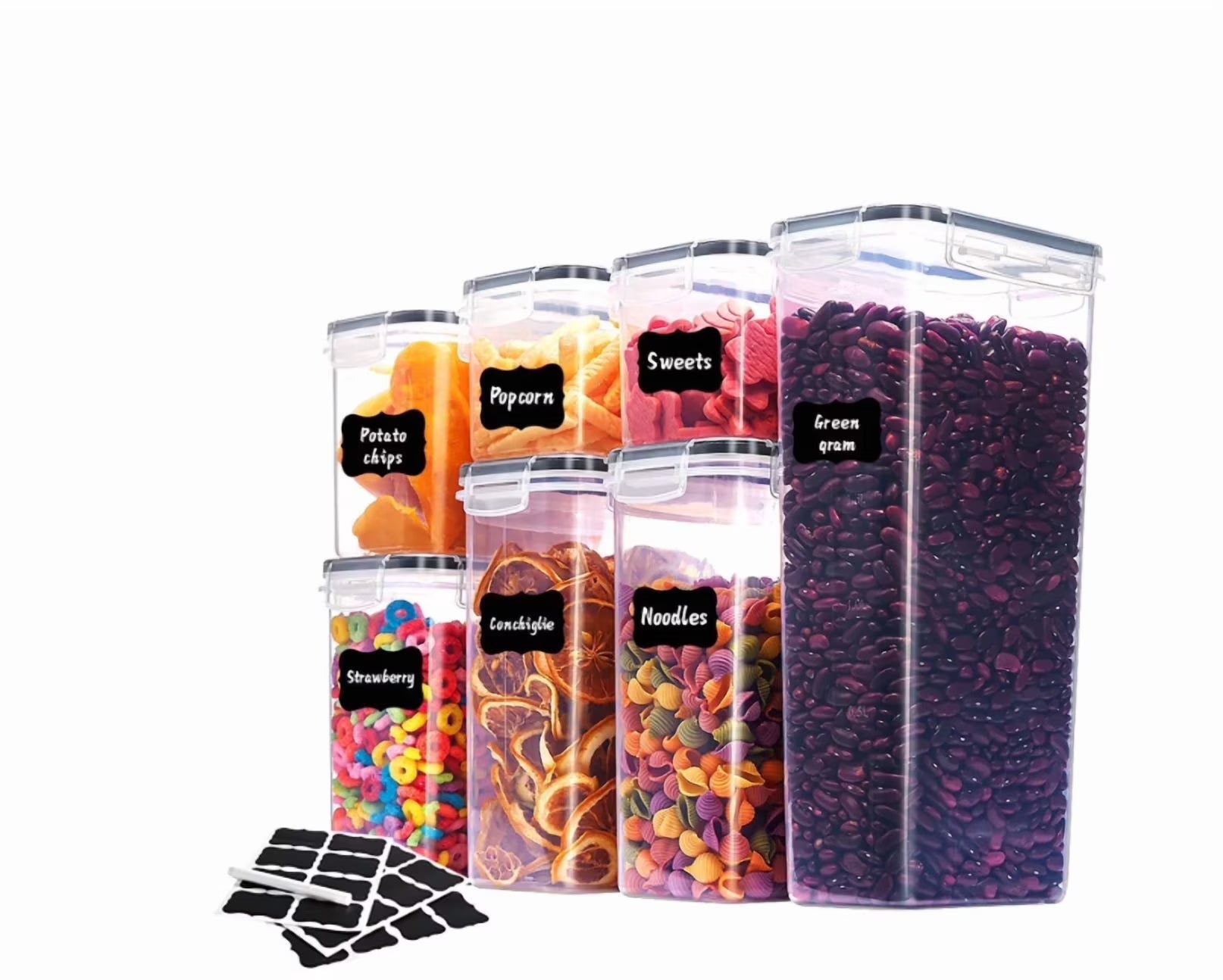 NULAS Airtight Food Storage Containers with Lids, 7pcs BPA-Free Plastic Meal Prep Containers & Kitchen Pantry Organization Canisters for Cereal, Dry Food, Flour and Sugar, Black